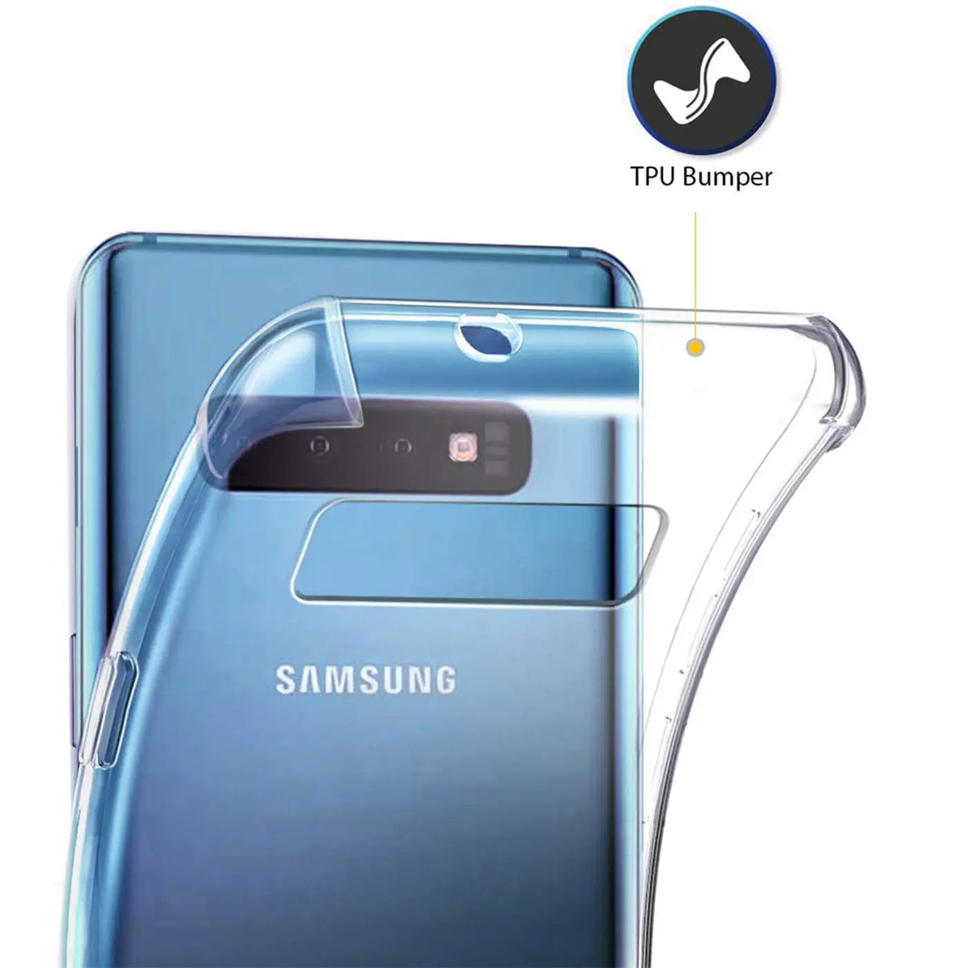 Transparente TPU-Hülle auf einem blauen Samsung Galaxy S10e, Rückansicht.