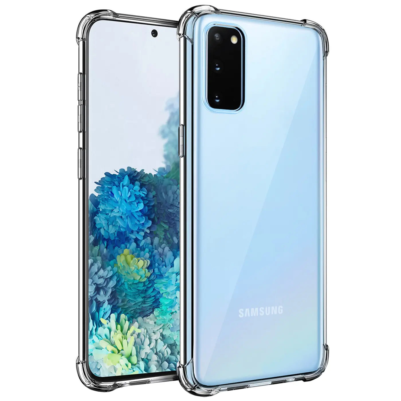 Transparente Hülle aus Kunststoff mit verstärkten Ecken, zeigt Samsung Galaxy S20 von vorne und hinten.