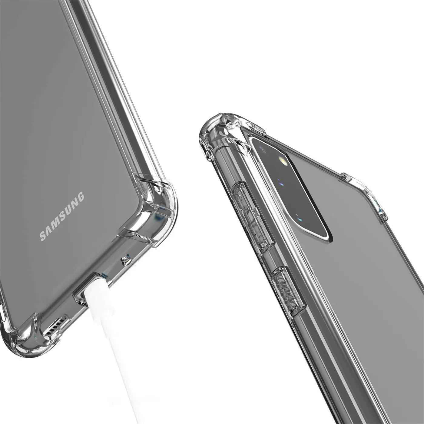 Zwei transparente Hüllen aus Kunststoff, die ein Samsung Galaxy S20 zeigen.