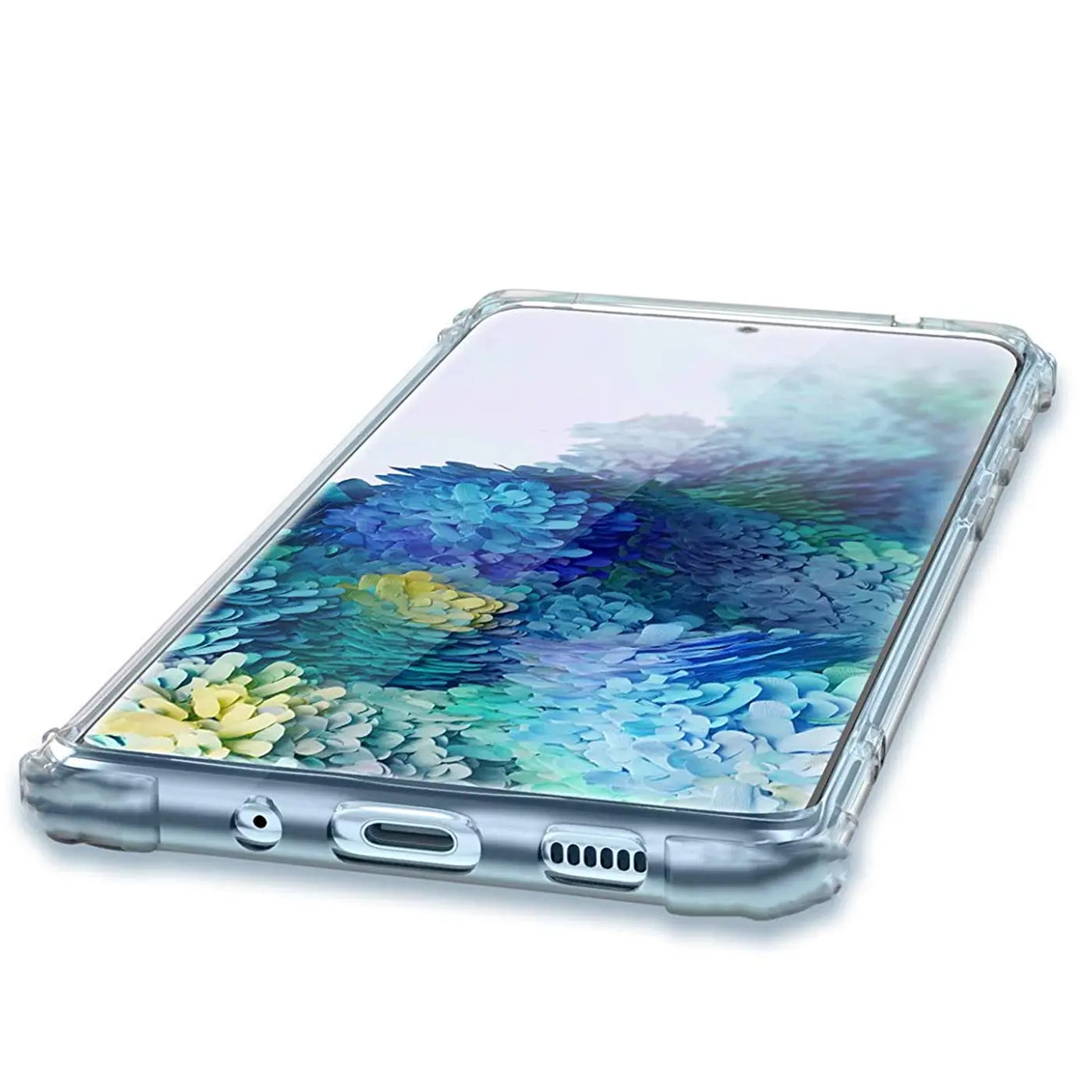 Transparente, stoßfeste Hülle aus Kunststoff, schräg von unten auf ein Samsung Galaxy S20