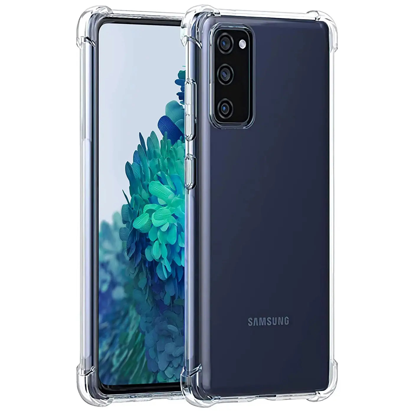 Samsung Galaxy S20 FE in klarer Hülle, von vorne links, transparentes TPU