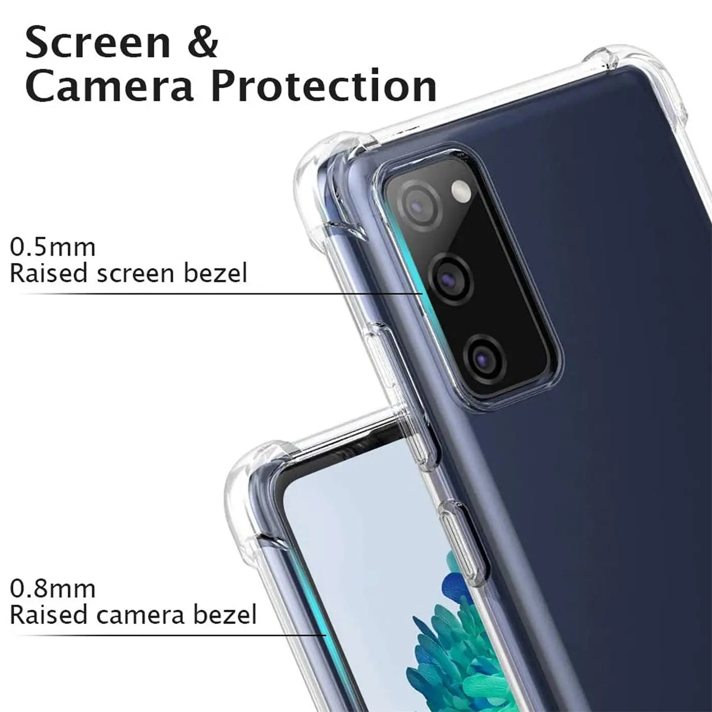 Transparente Hülle aus Kunststoff, zeigt Samsung S20 FE von hinten, Nahaufnahme.