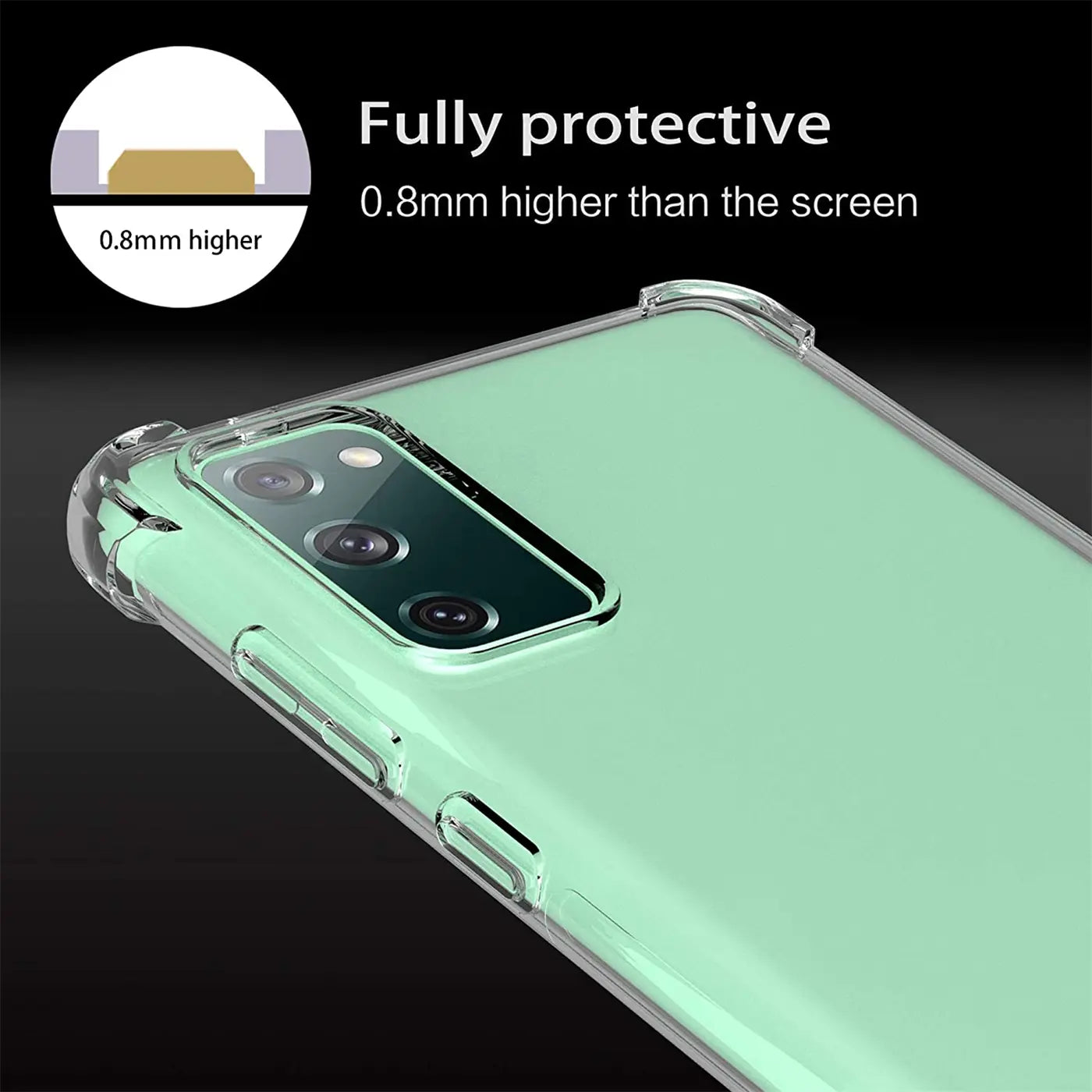 Transparente Hülle aus Kunststoff, zeigt Rückseite eines mintgrünen Samsung S20 FE.