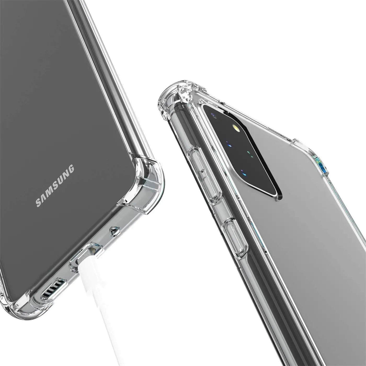 Transparente Hülle aus Kunststoff, Nahaufnahme, zeigt Samsung Galaxy S20 Plus.