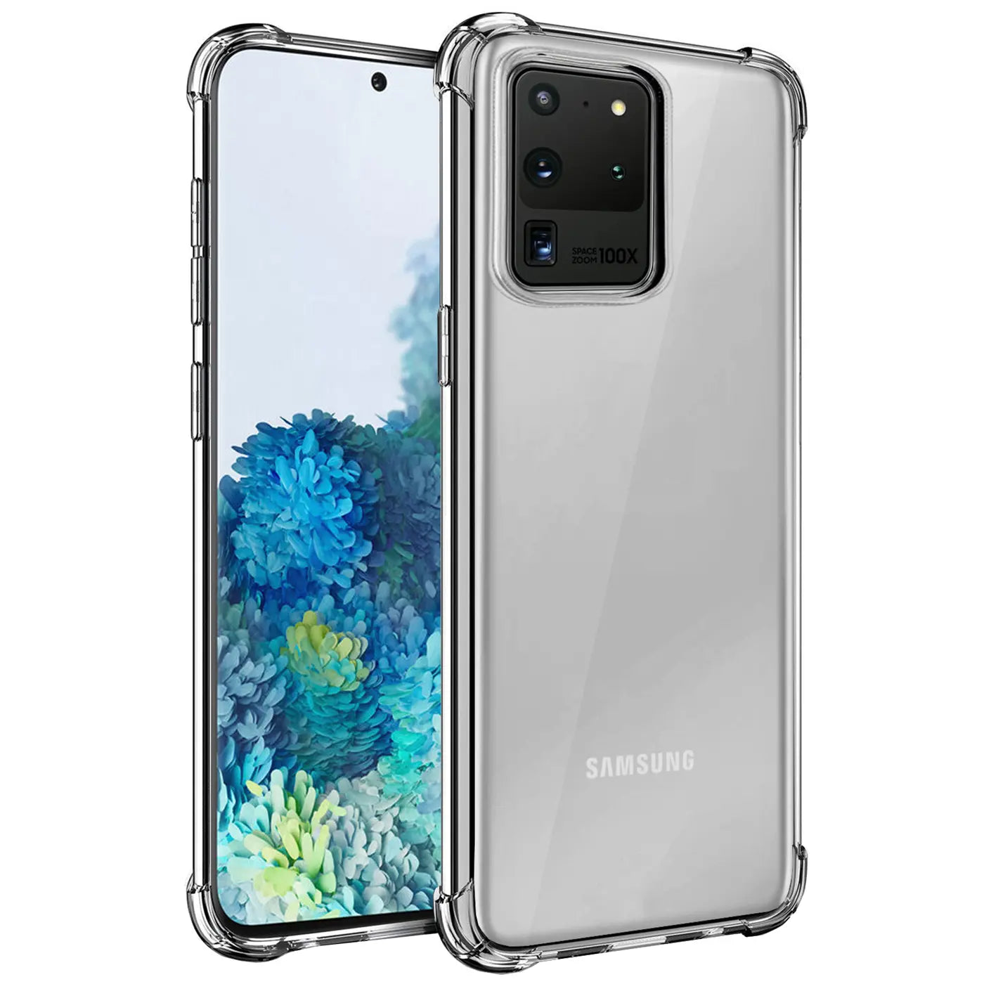 Samsung Galaxy S20 Ultra in klarer, stoßfester Hülle, von schräg hinten gezeigt.