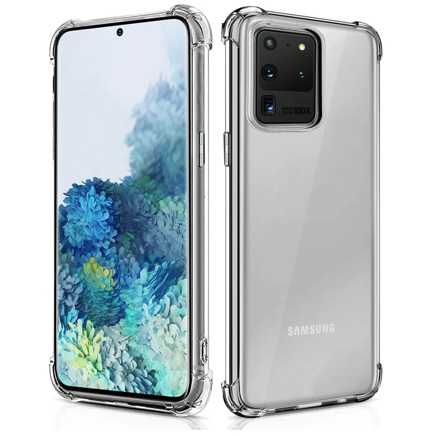 Samsung Galaxy S20 Ultra in klarer Hülle, Vorder- und Rückansicht, stoßfestes TPU.