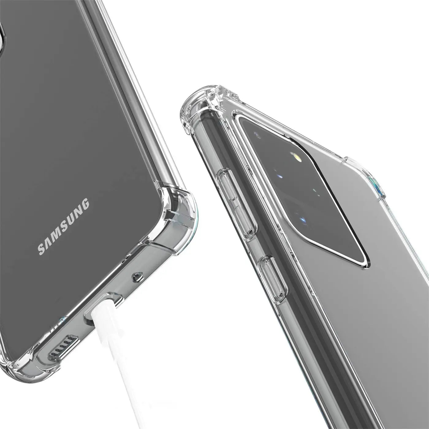Transparente Hülle aus Kunststoff, Nahaufnahme, Samsung Galaxy S20 Ultra.