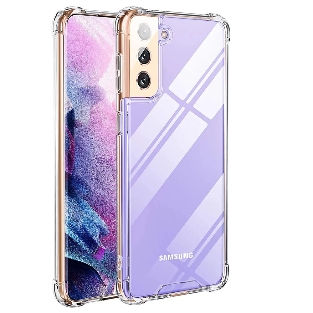 Samsung Galaxy S21 in klarer Hülle, von vorne/leicht schräg, transparentes TPU.