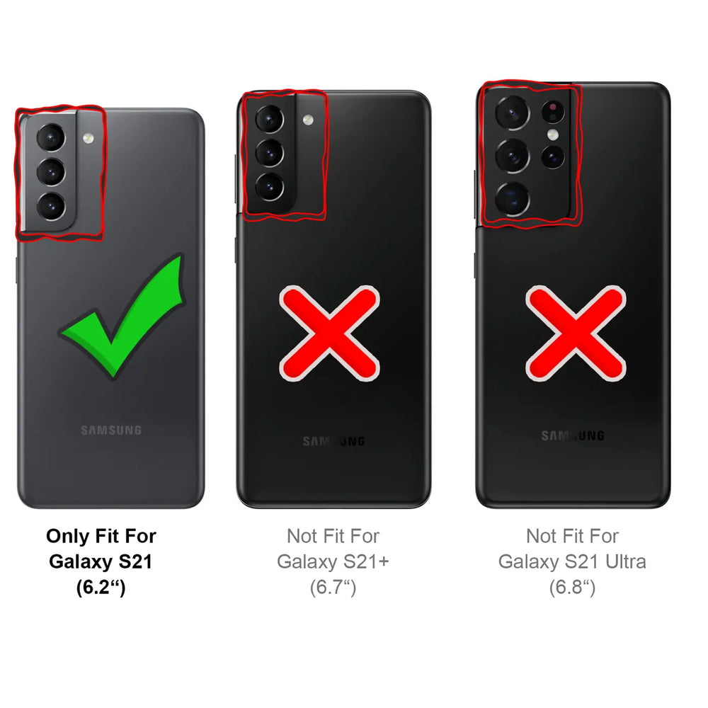 Drei Samsung-Smartphones, rückseitig, links mit Häkchen, Mitte/rechts mit Kreuzen.