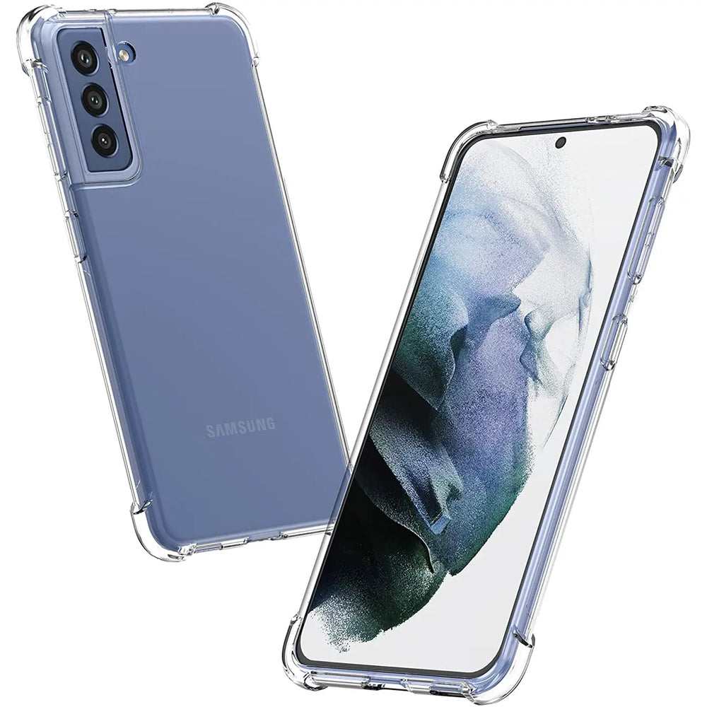 Samsung Galaxy S21 in klarer Hülle, von vorne und hinten, aus Kunststoff, schräg von oben.