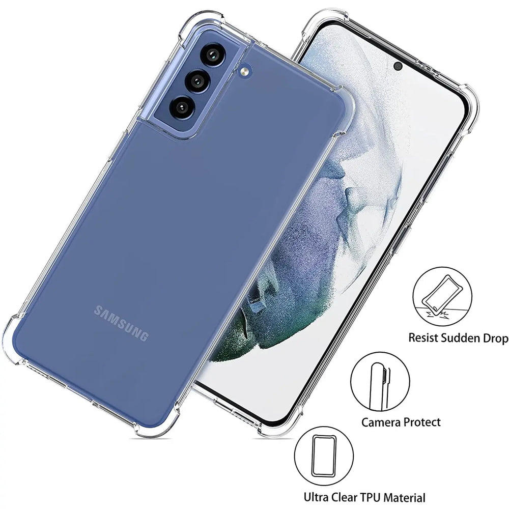 Samsung Galaxy S21 in klarer TPU-Hülle, schräg von oben, Rückseite und Vorderseite sichtbar.