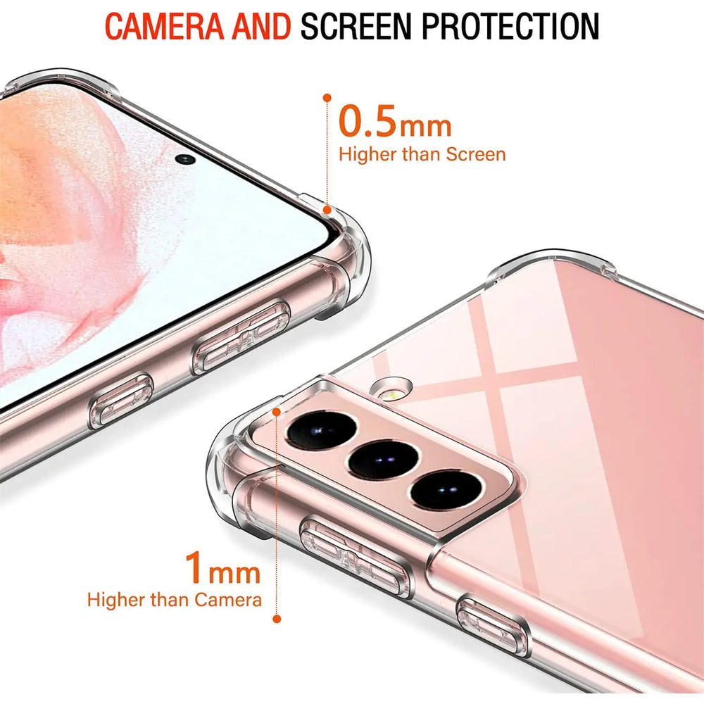 Transparente Hülle aus Kunststoff, zeigt Vorder- und Rückseite eines Samsung Galaxy S21.