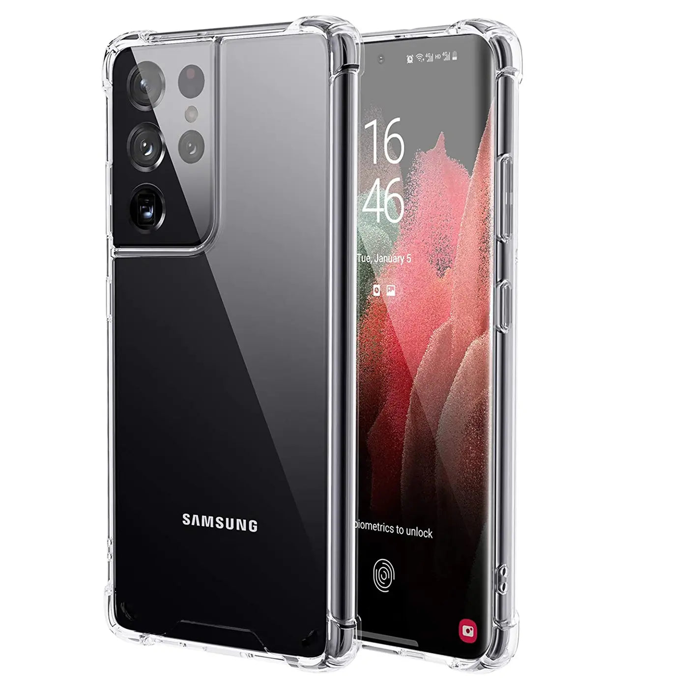 Samsung Galaxy S21 Ultra in klarer Hülle, von vorne und hinten, aus Kunststoff.