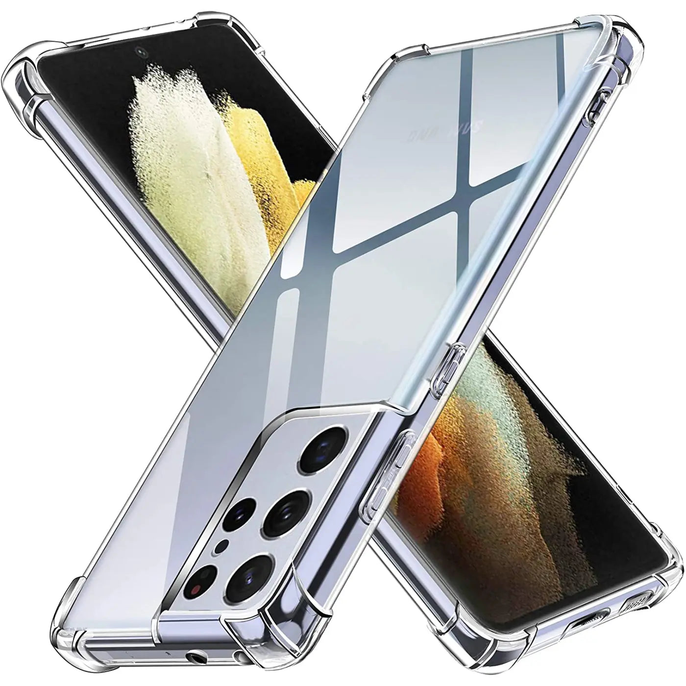 Zwei transparente Hüllen aus Kunststoff, die ein Samsung Galaxy S21 Ultra zeigen, aus der Vogelperspektive.