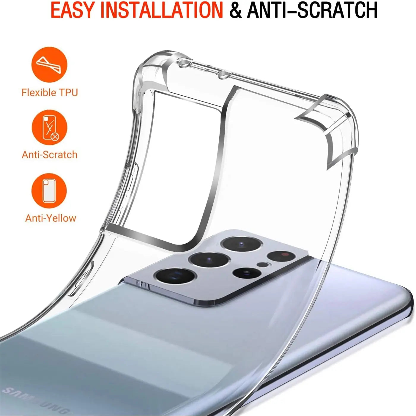 Transparente TPU-Hülle über Samsung Galaxy S21 Ultra, Rückansicht.