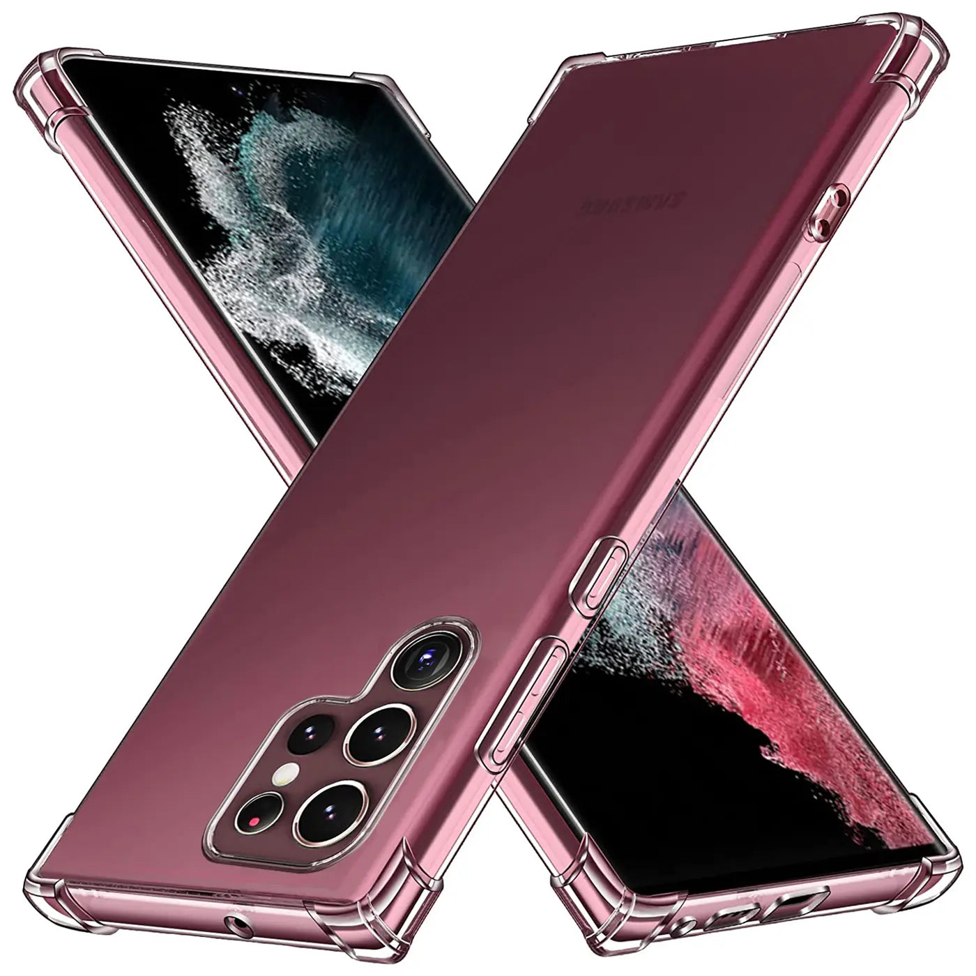 Rosafarbene, transparente Hülle mit verstärkten Ecken für Samsung S22 Ultra, von schräg oben