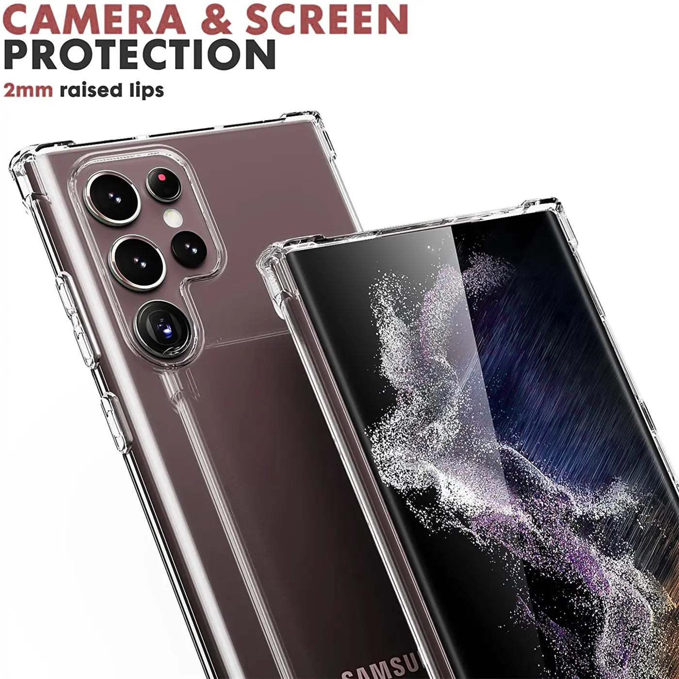 Klar, transparente Hülle aus Kunststoff um ein Samsung Galaxy S22 Ultra, von schräg oben