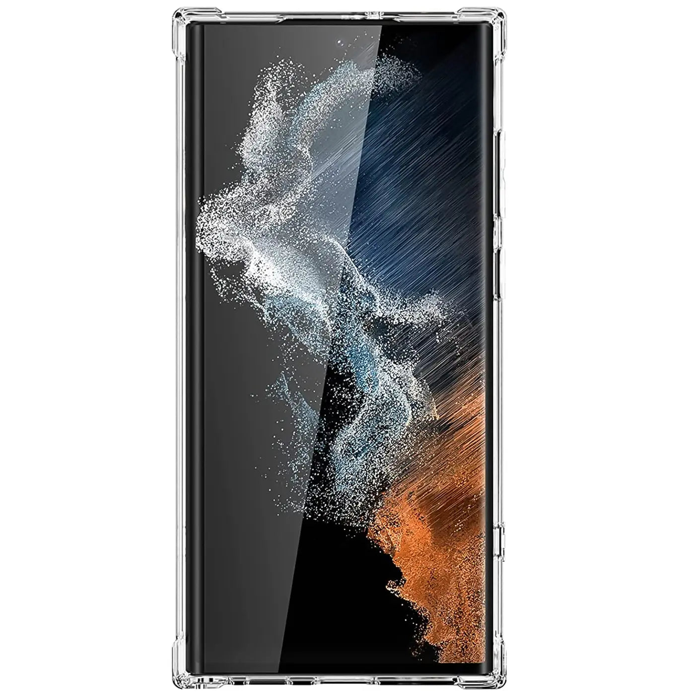 Samsung Galaxy S22 Ultra in klarer Hülle, von vorne, aus transparentem Kunststoff.