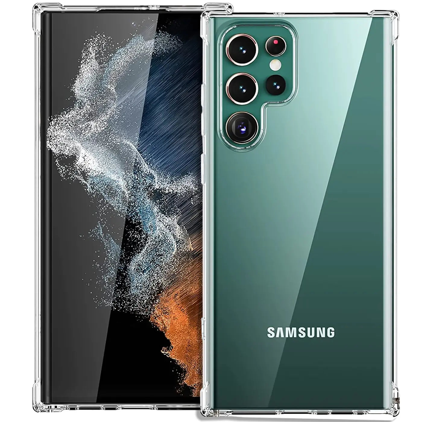 Samsung Galaxy S22 Ultra in klarer Hülle, Rückseite mit Kameras, Vorderseite mit Display.