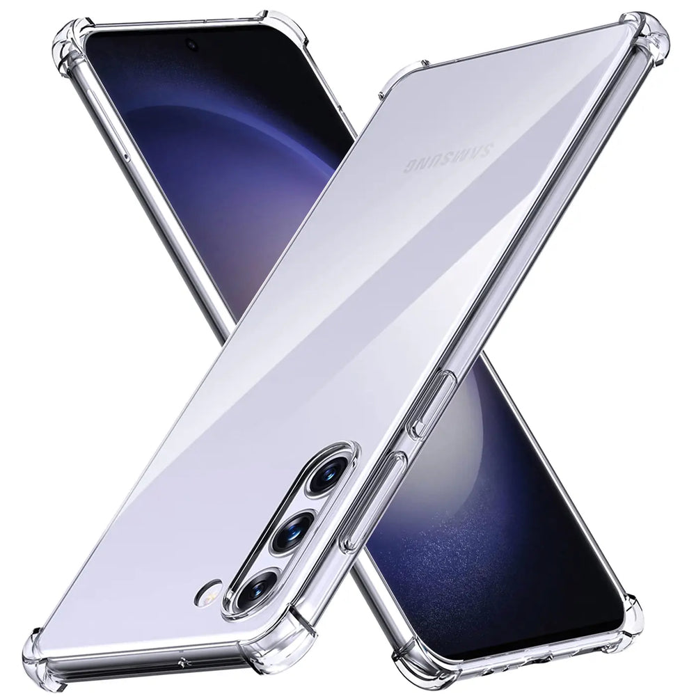 Samsung Galaxy S23 in klarer Hülle aus Kunststoff, Rückseite und Vorderseite im Winkel