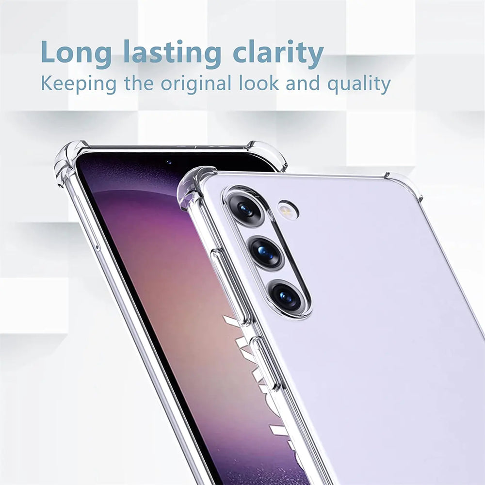 Transparente Hülle aus Kunststoff, Nahaufnahme, zeigt Samsung S23 mit Kamera.