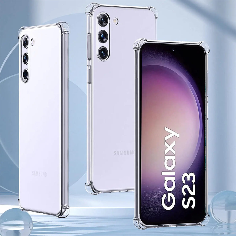 Samsung Galaxy S23 Hülle, transparent, von vorne und hinten gezeigt, aus Kunststoff