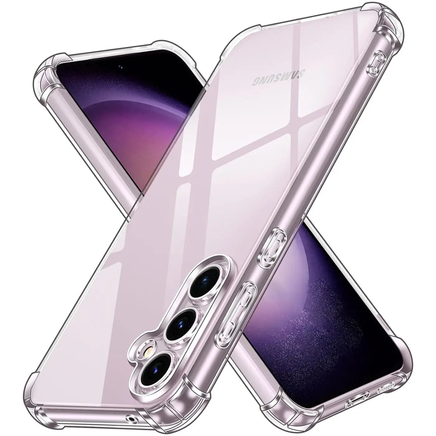 Transparente Hülle aus Kunststoff, schräg von vorne, zeigt Samsung Galaxy S23 FE.