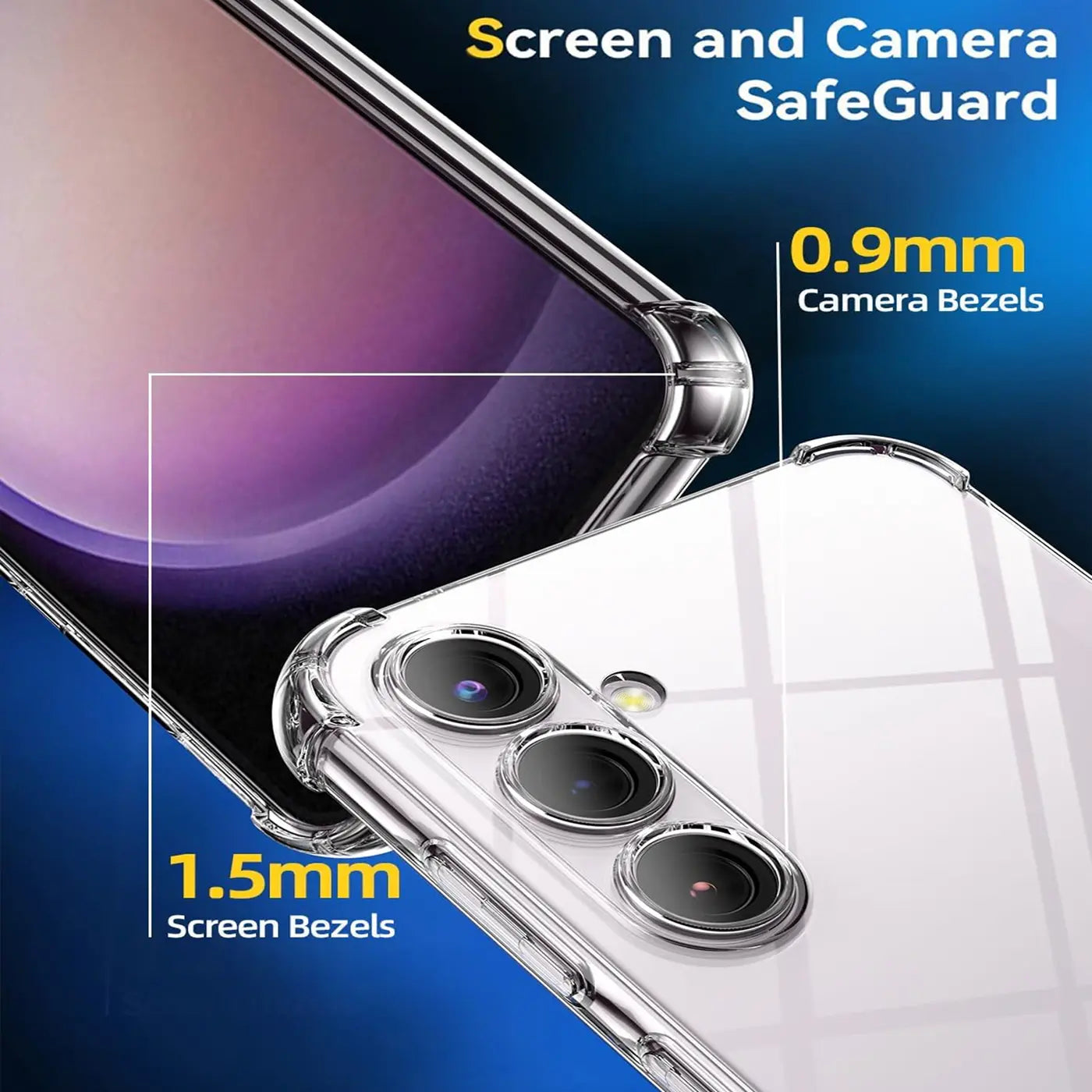 Transparente Hülle aus Kunststoff, Nahaufnahme der Kamera und des Bildschirms eines Samsung Galaxy S23 FE.