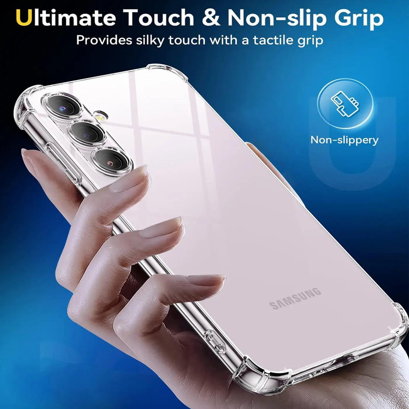 Transparente, stoßfeste Hülle aus Kunststoff, von schräg oben, hält ein Samsung Galaxy S23 FE.