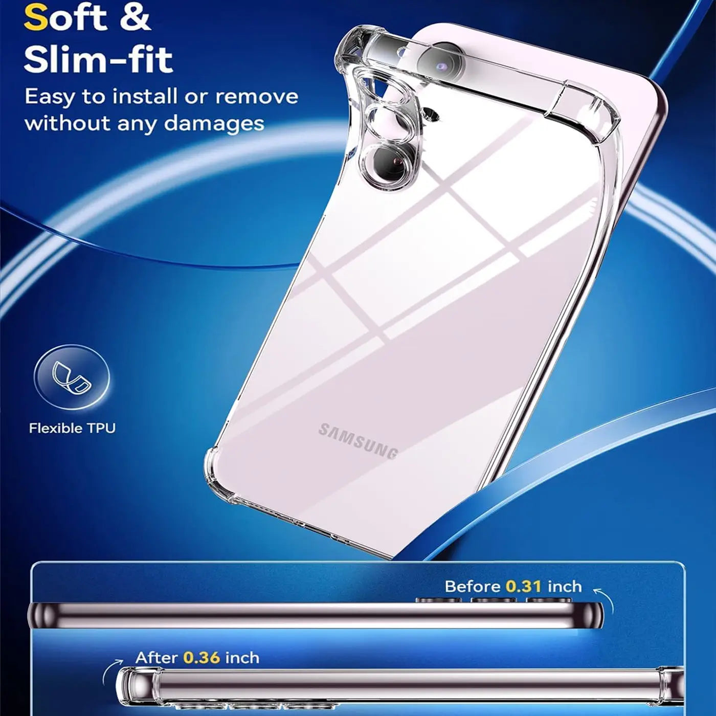 Transparente TPU-Hülle auf Samsung Galaxy S23 FE, Rückansicht, Nahaufnahme.