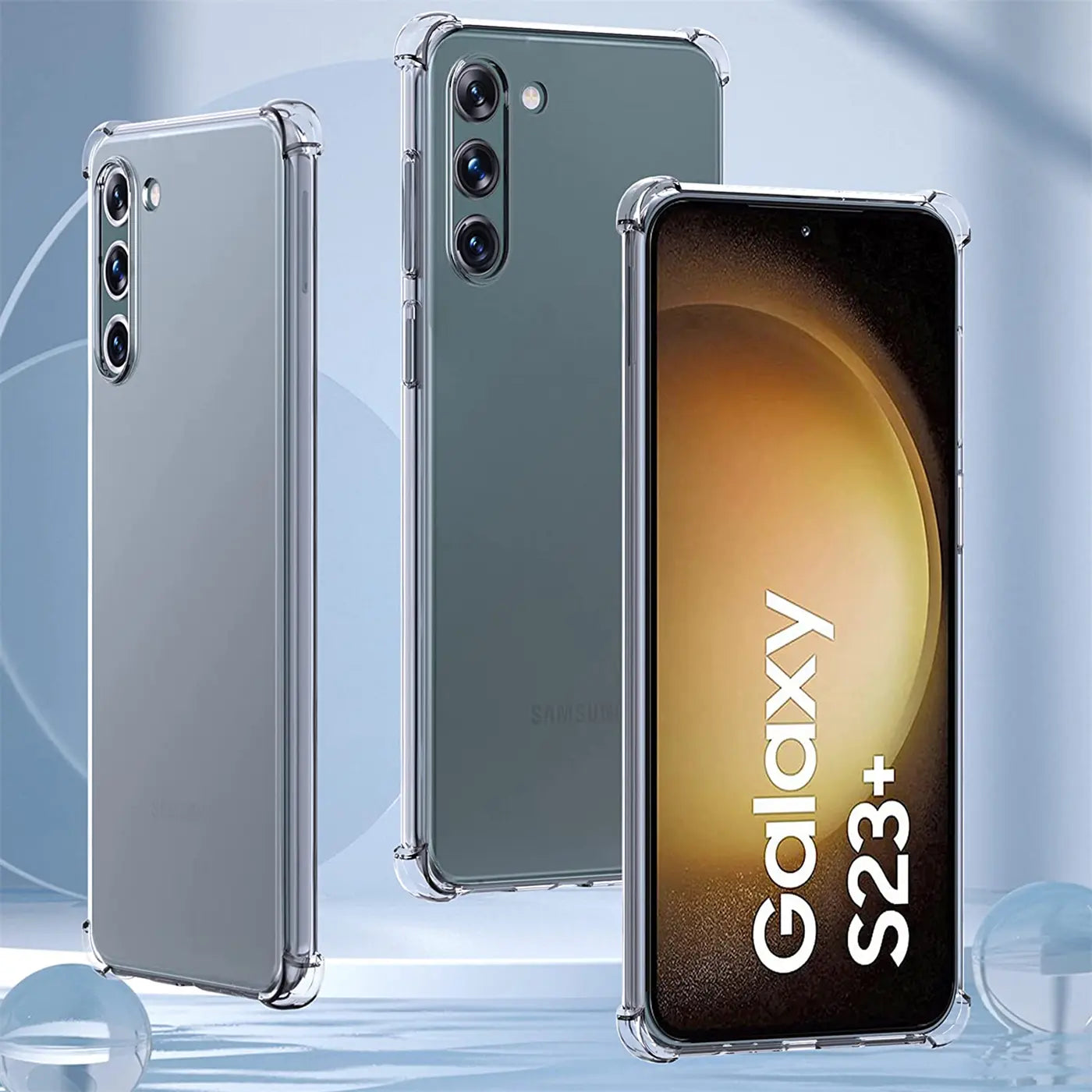 Drei transparente Hüllen mit verstärkten Ecken, zwei für Samsung Galaxy S23 Plus, eine mit Display.