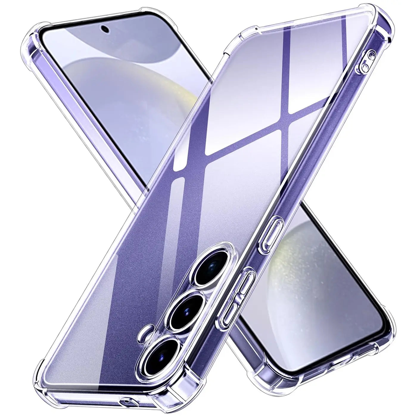 Samsung Galaxy S24 in transparenter Hülle, schräg von vorne, aus Kunststoff.