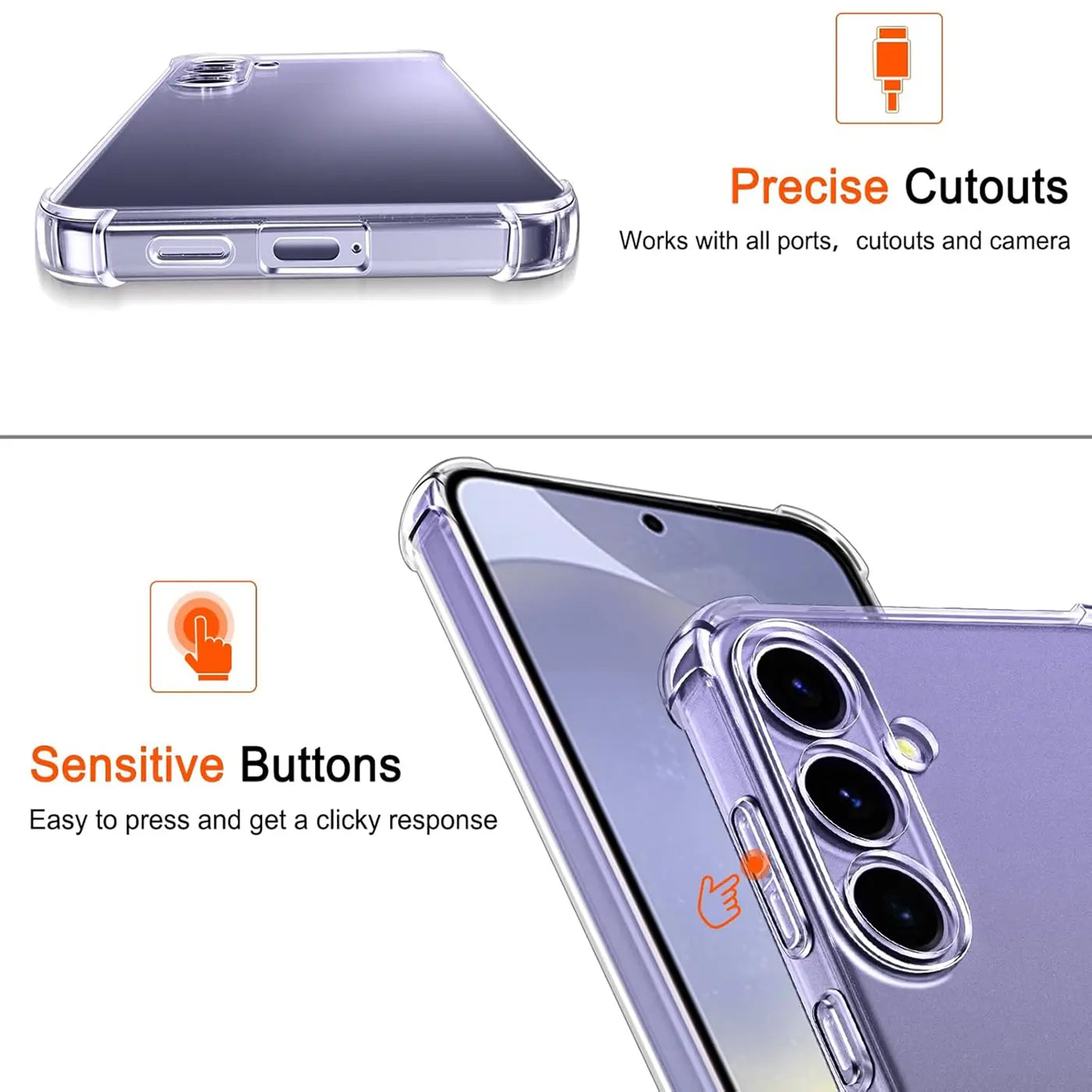 Transparente Hülle aus Kunststoff, von oben und schräg gezeigt, auf einem Samsung Galaxy S24.