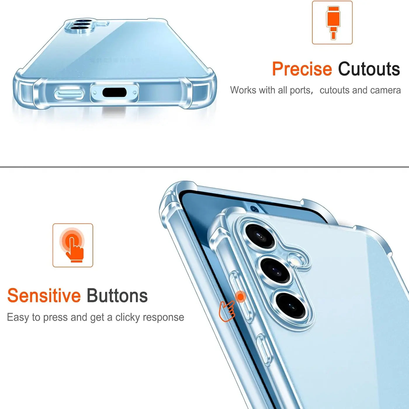 Transparente Hülle aus Kunststoff, Seitenansicht, zeigt Samsung Galaxy S24 FE.