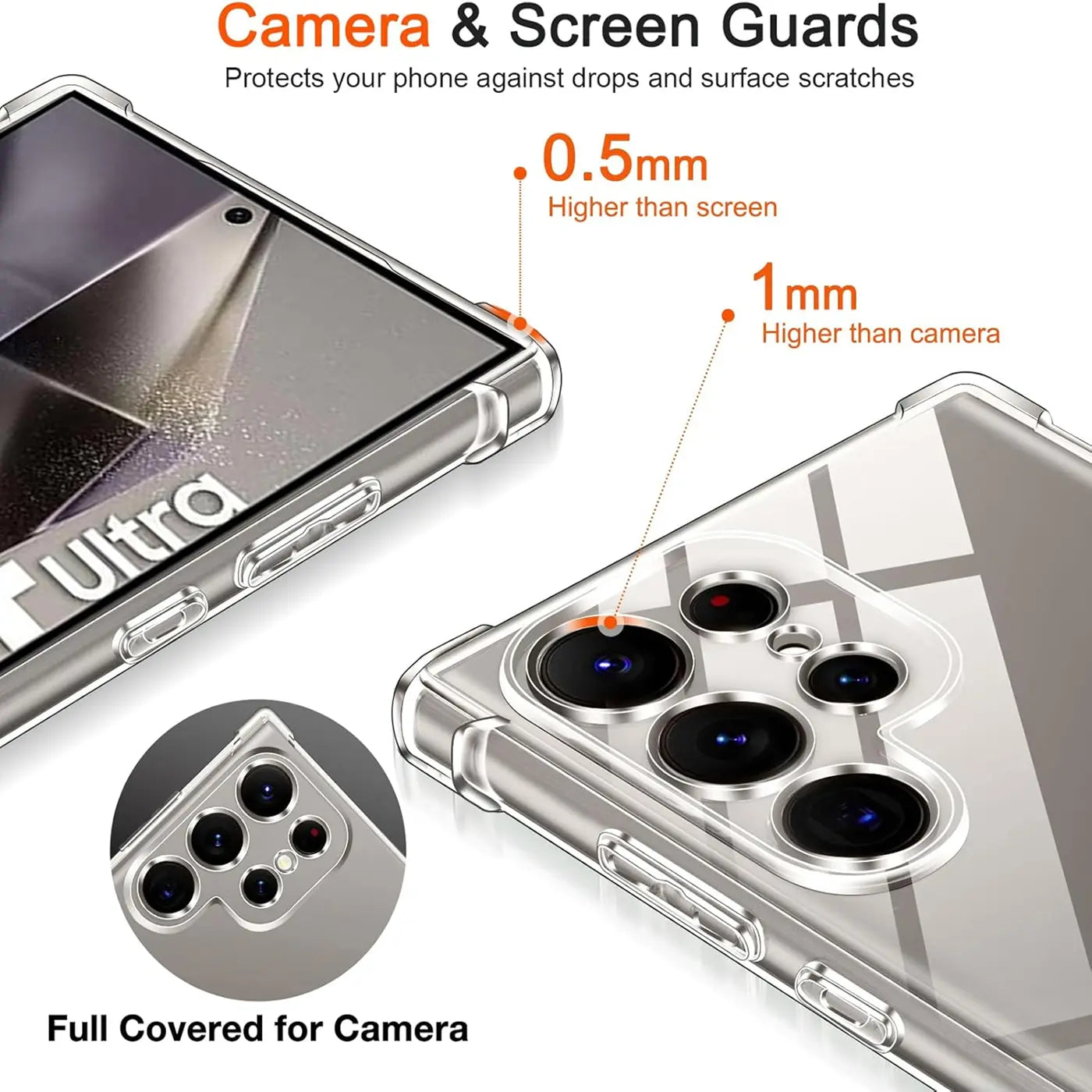 Transparente Hülle aus Kunststoff, Nahaufnahme der Kamera und des Bildschirms eines Samsung Galaxy S24 Ultra.