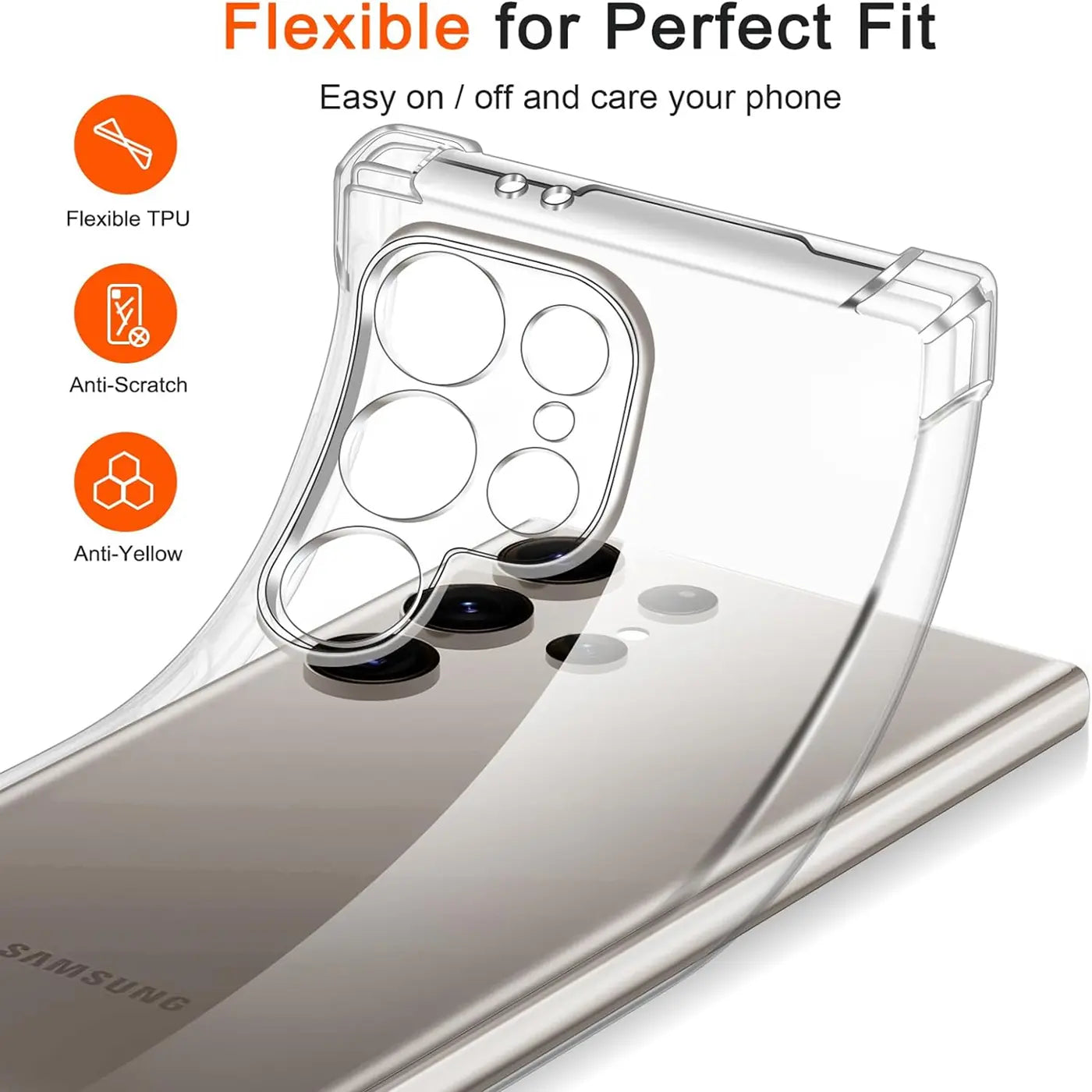 Transparente TPU-Hülle über Samsung Galaxy S24 Ultra, Rückansicht, Nahaufnahme
