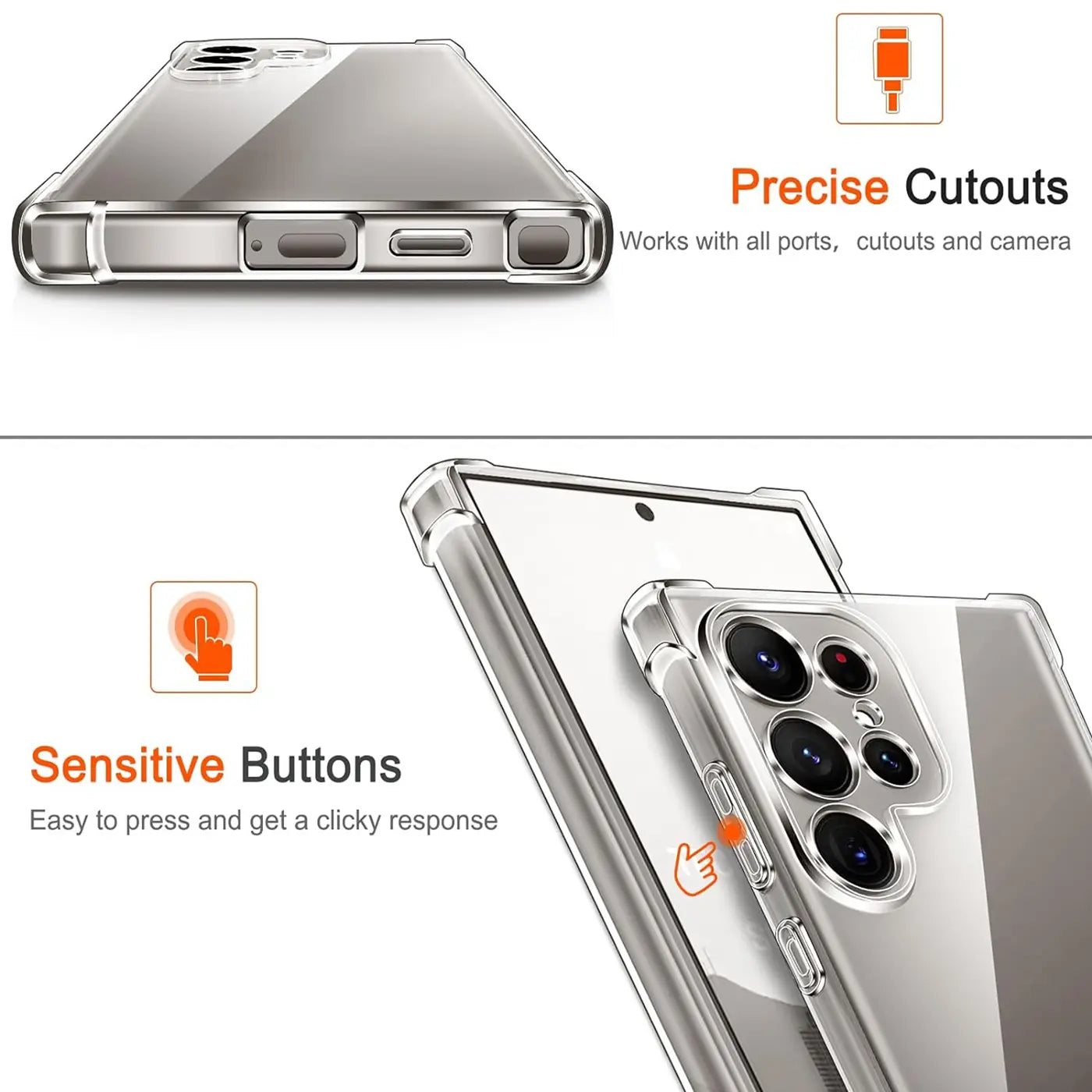 Transparente Hülle aus Kunststoff, Seitenansicht und Rückansicht, zeigt Samsung Galaxy S24 Ultra.