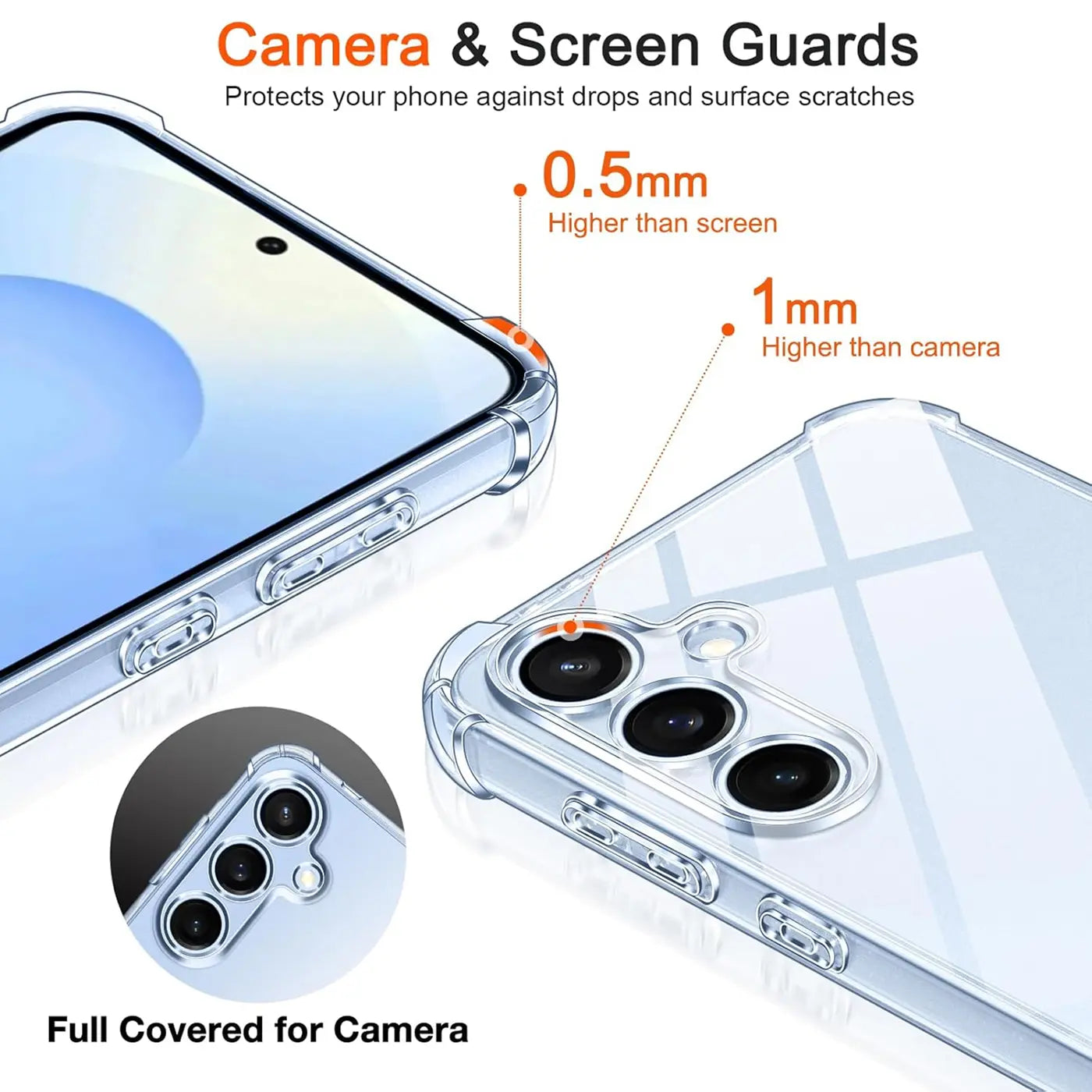 Transparente Hülle aus Kunststoff zeigt Samsung Galaxy S25 mit erhöhten Kanten für Kamera/Bildschirm.
