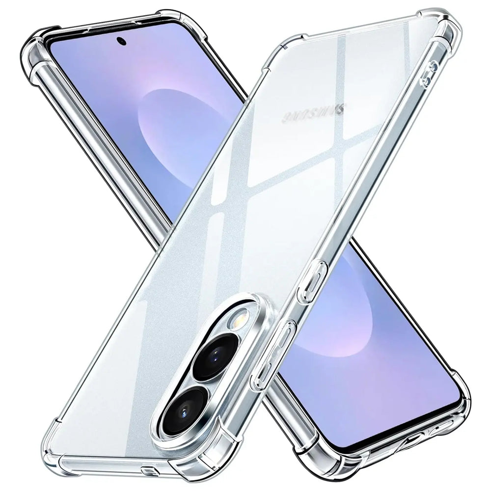 Transparente Hülle aus Kunststoff, schützt Samsung Galaxy S25 Edge, von schräg oben.