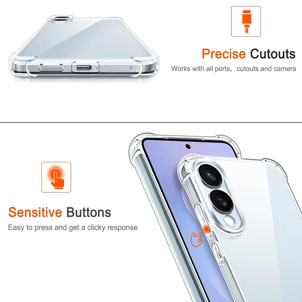 Transparente Hülle aus Kunststoff, von unten und schräg von hinten gezeigt, mit Samsung S25 Edge.