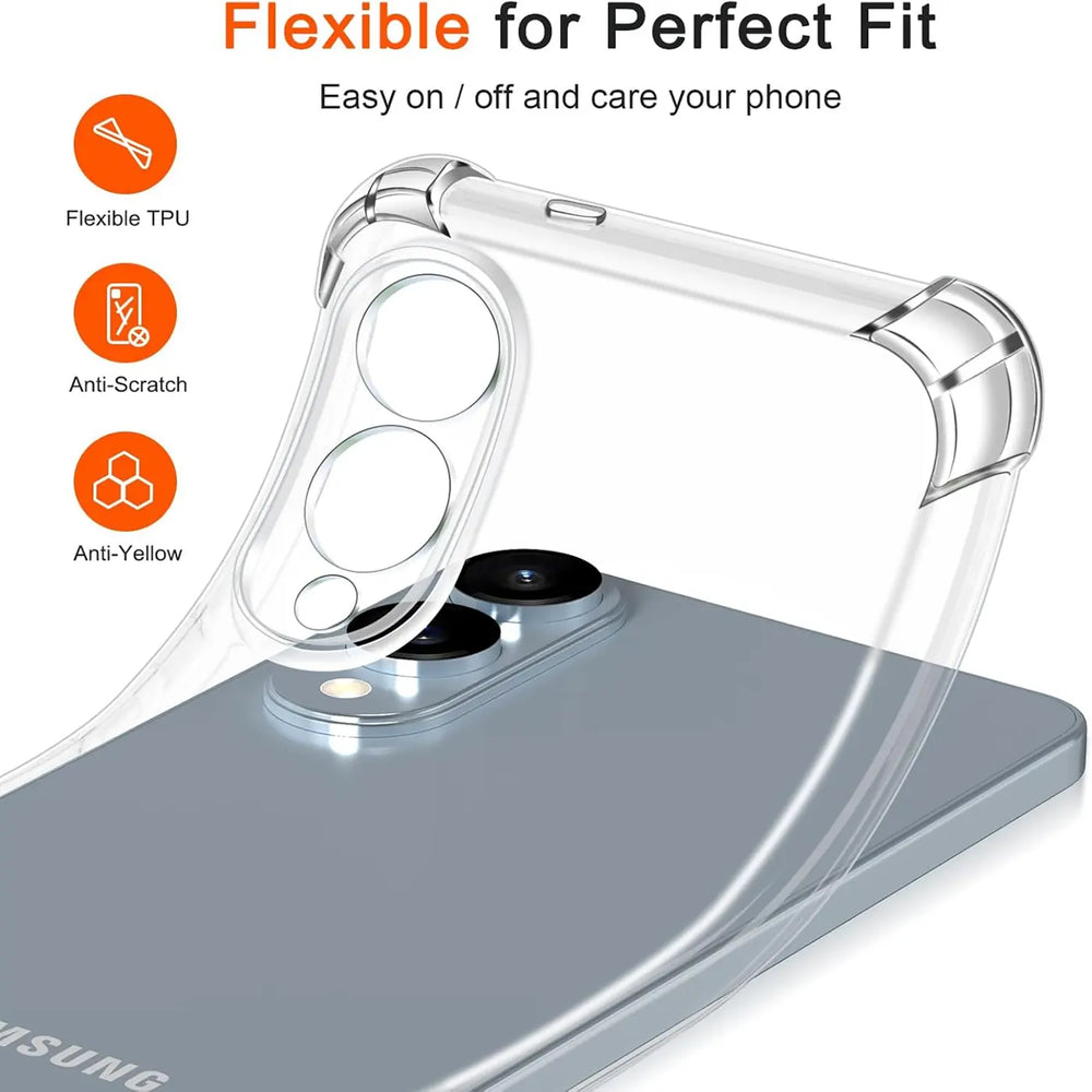 Klare TPU-Hülle, von oben auf ein Samsung-Smartphone mit Kameraobjektiven gelegt.