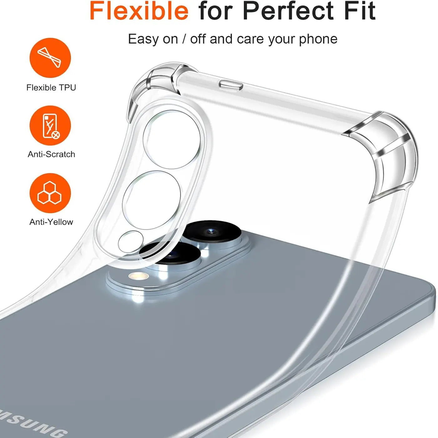 Klare TPU-Hülle, von oben auf ein Samsung-Smartphone mit Kameraobjektiven gelegt.
