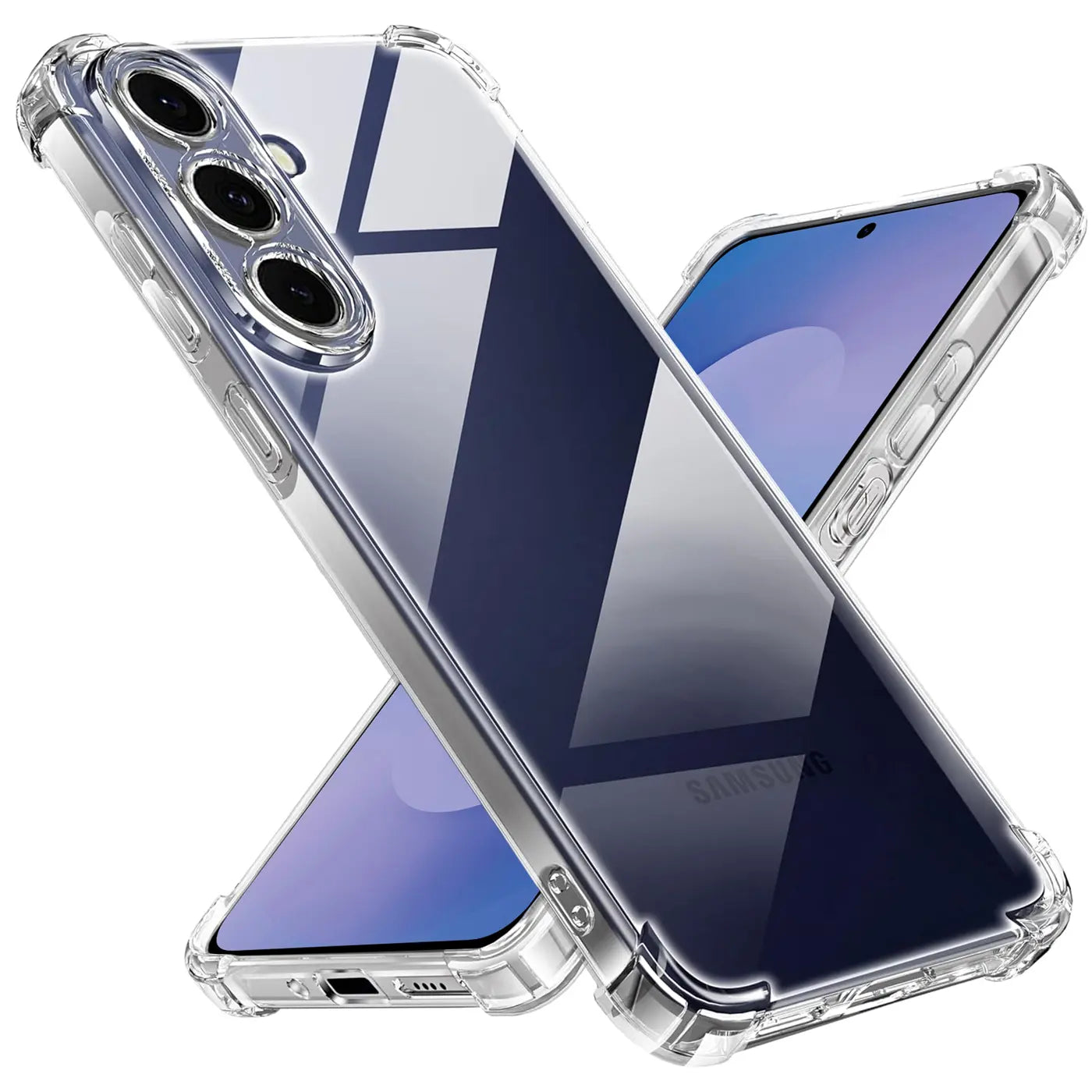 Transparente Hülle aus Kunststoff, schützt Samsung Galaxy S25 FE, von schräg oben.