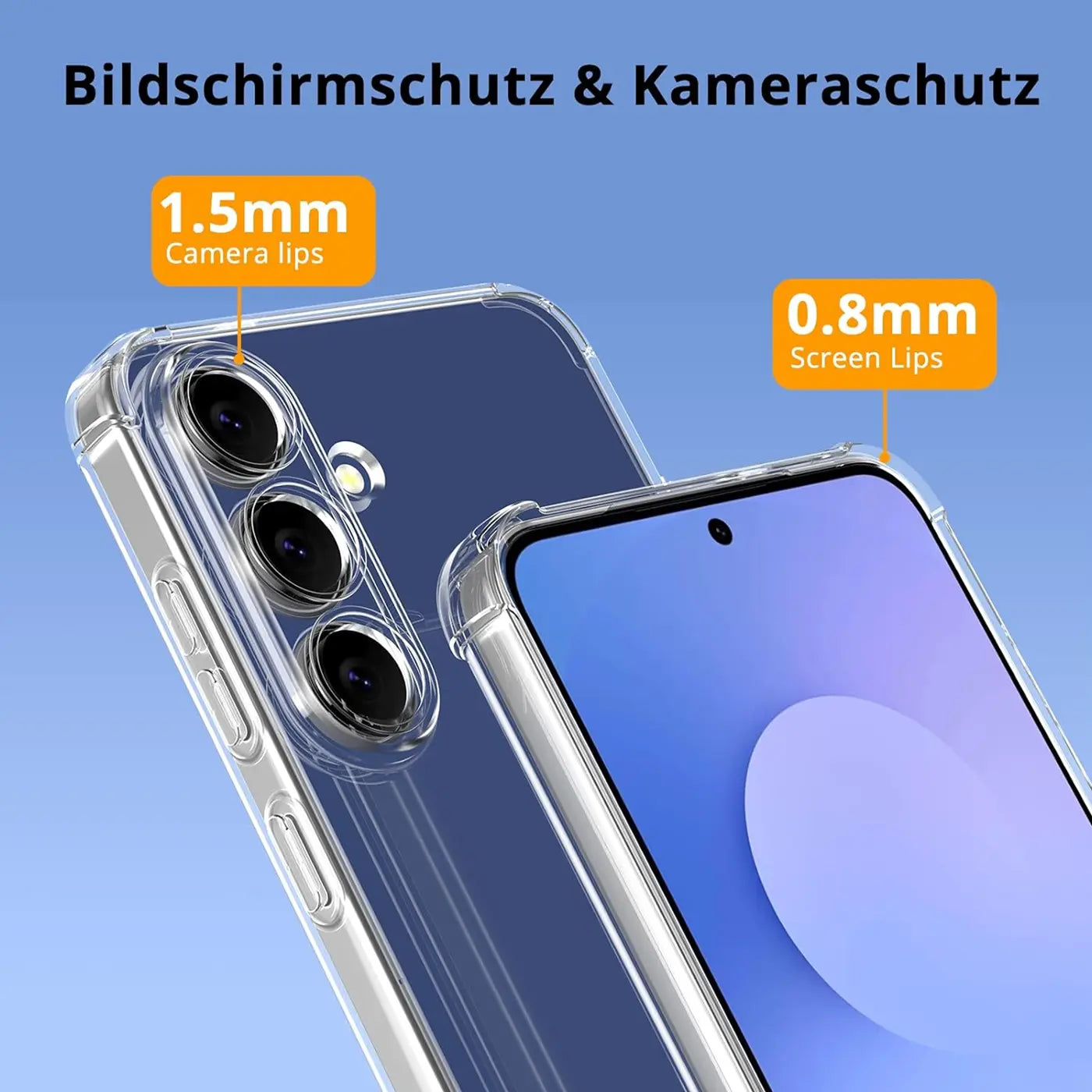 Transparente Hülle aus Kunststoff zeigt Rückseite und Vorderseite eines Smartphones mit Kamera und Bildschirm.