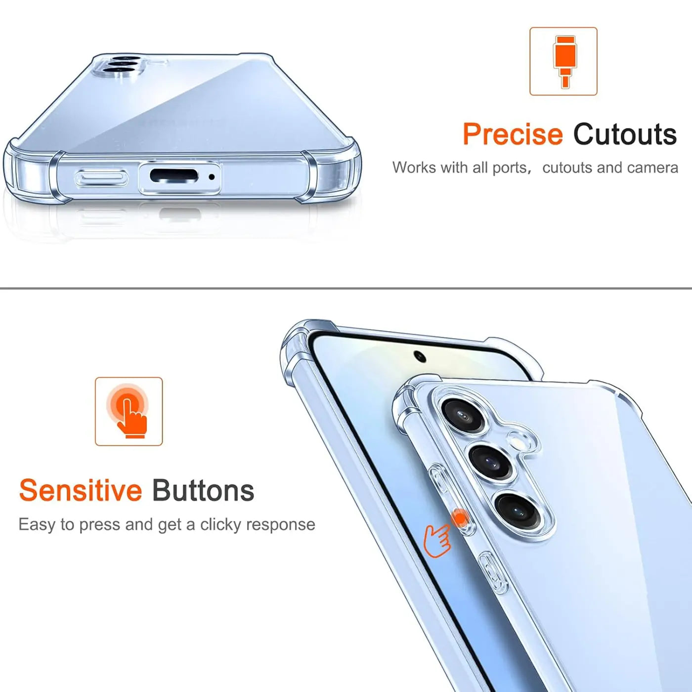 Transparente Hülle aus Kunststoff, von unten und schräg von hinten gezeigt, mit einem Smartphone.
