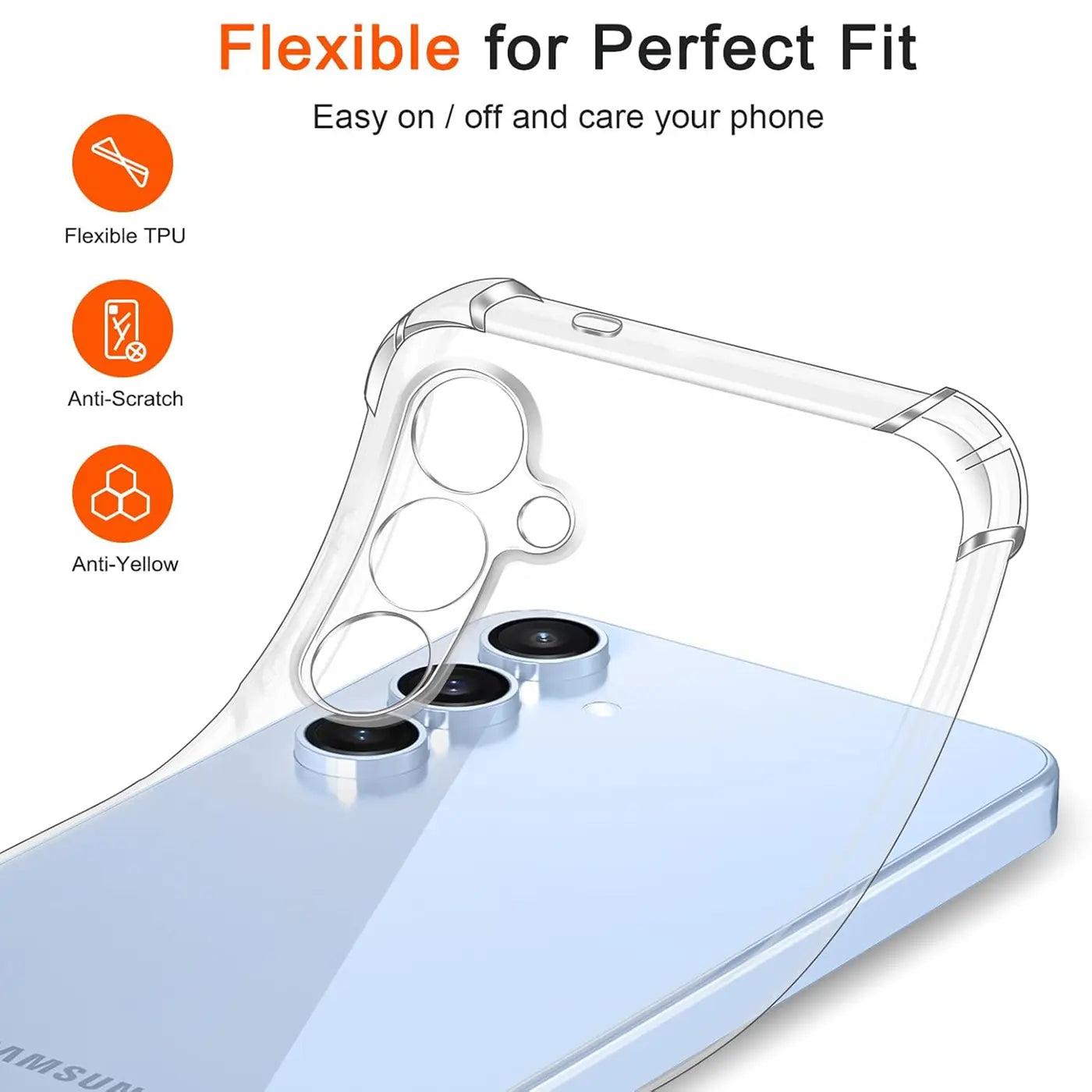 Transparente TPU-Hülle über Samsung Galaxy S25 Plus, Rückansicht, Nahaufnahme