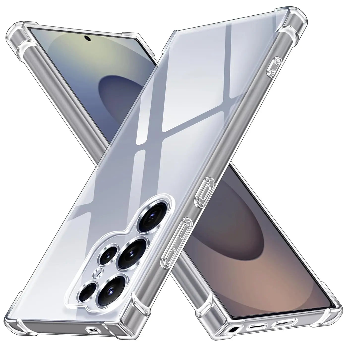 Transparente Hülle aus Kunststoff, schräg von vorne, zeigt Samsung Galaxy S25 Ultra Kamera.