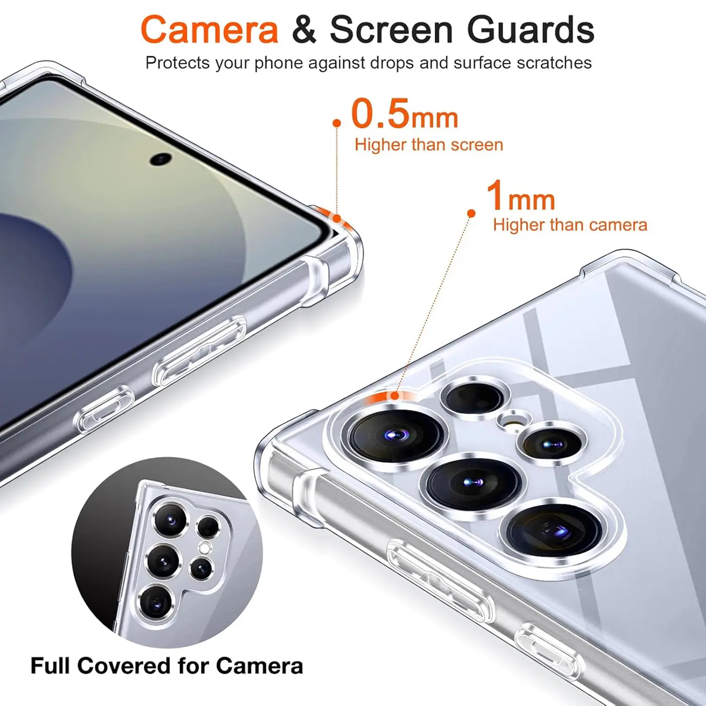 Transparente Hülle aus Kunststoff für Samsung Galaxy S25 Ultra, Nahaufnahme der Kamera und des Bildschirms.