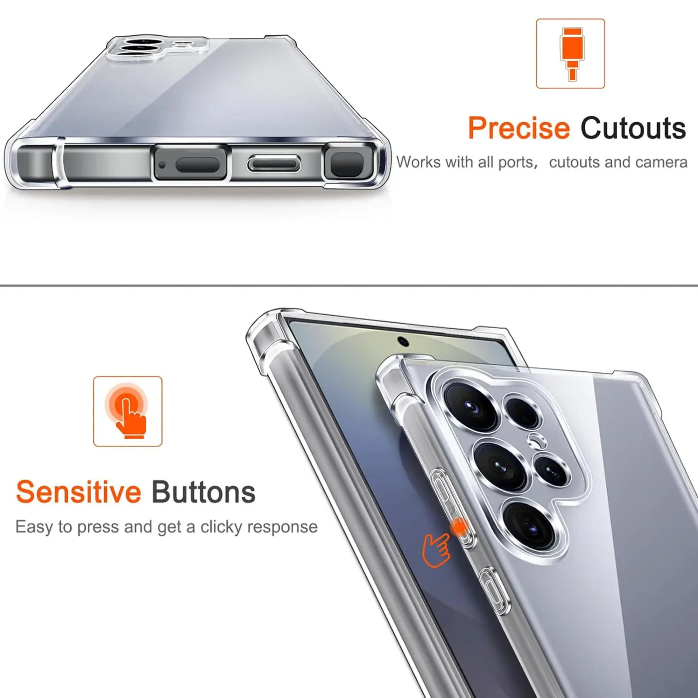 Transparente Hülle aus Kunststoff, von unten und schräg gezeigt, auf einem Samsung Galaxy S25 Ultra.