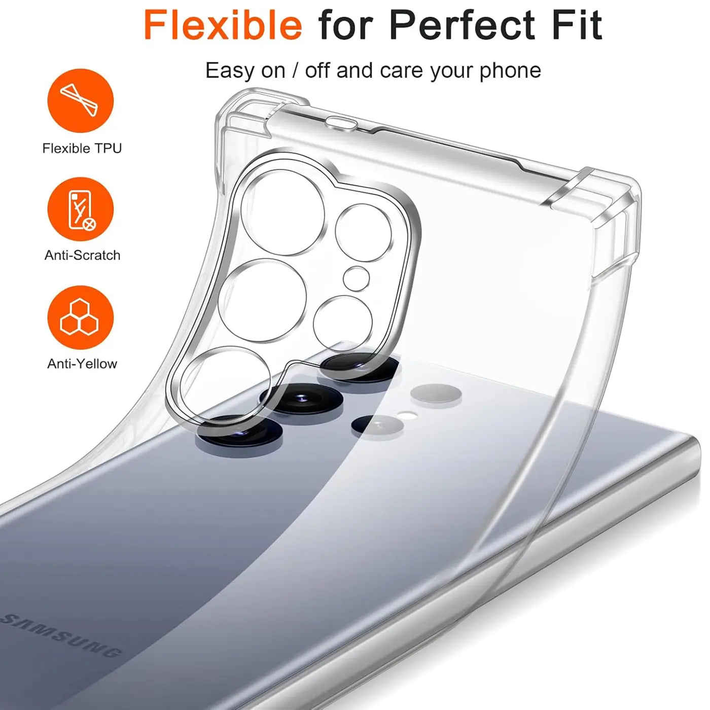 Transparente TPU-Hülle über Samsung Galaxy S25 Ultra, Rückansicht, Nahaufnahme.